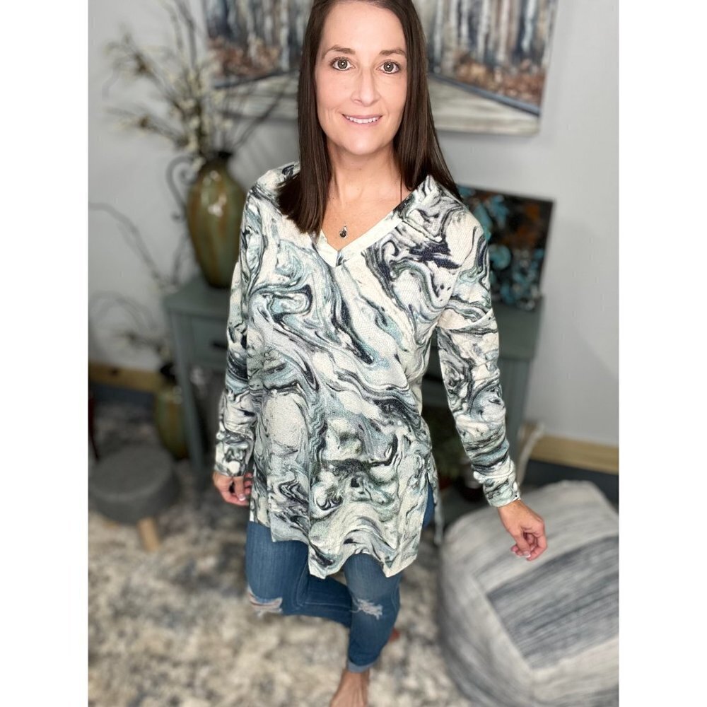 Floaty V Neck Textured Jacquard Marble Print Boxy Long Sleeve Ice Blue 3222